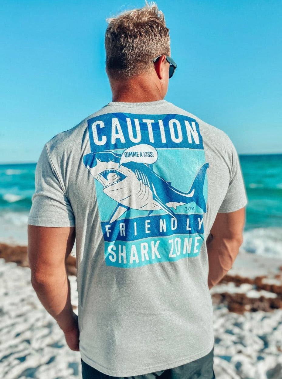 caution friendly shark zone ash grey t-shirt