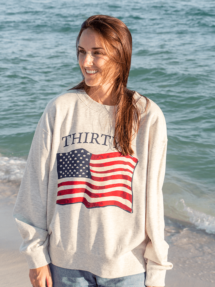 Thirty - A American Flag Old School Crew ChickaD Sweatshirt - 30A Gear - women fleece