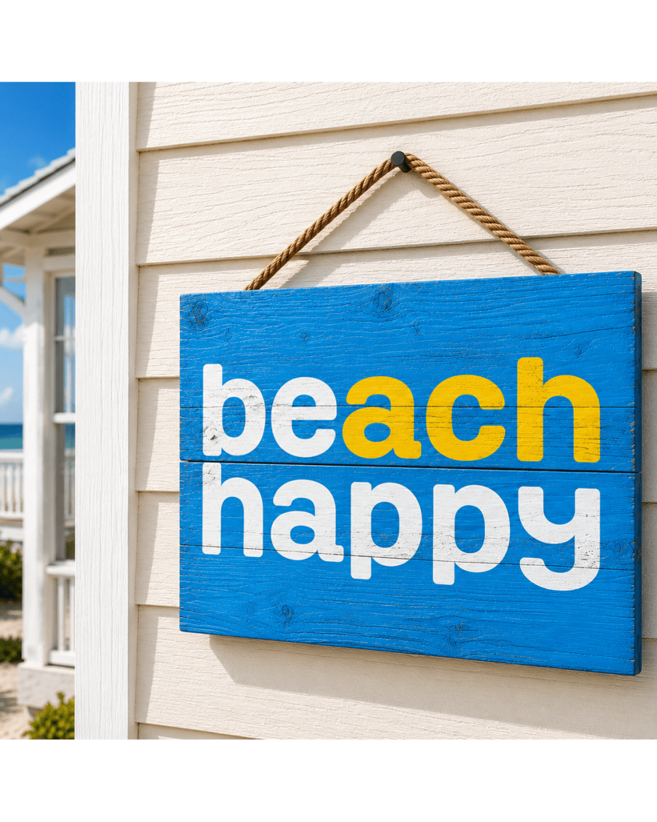 Beach Happy Hanging Wood Block Sign - 30A Gear - Home