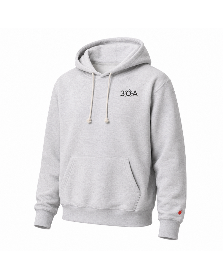 Gray hoodie with a 30A logo on the chest against a white background
